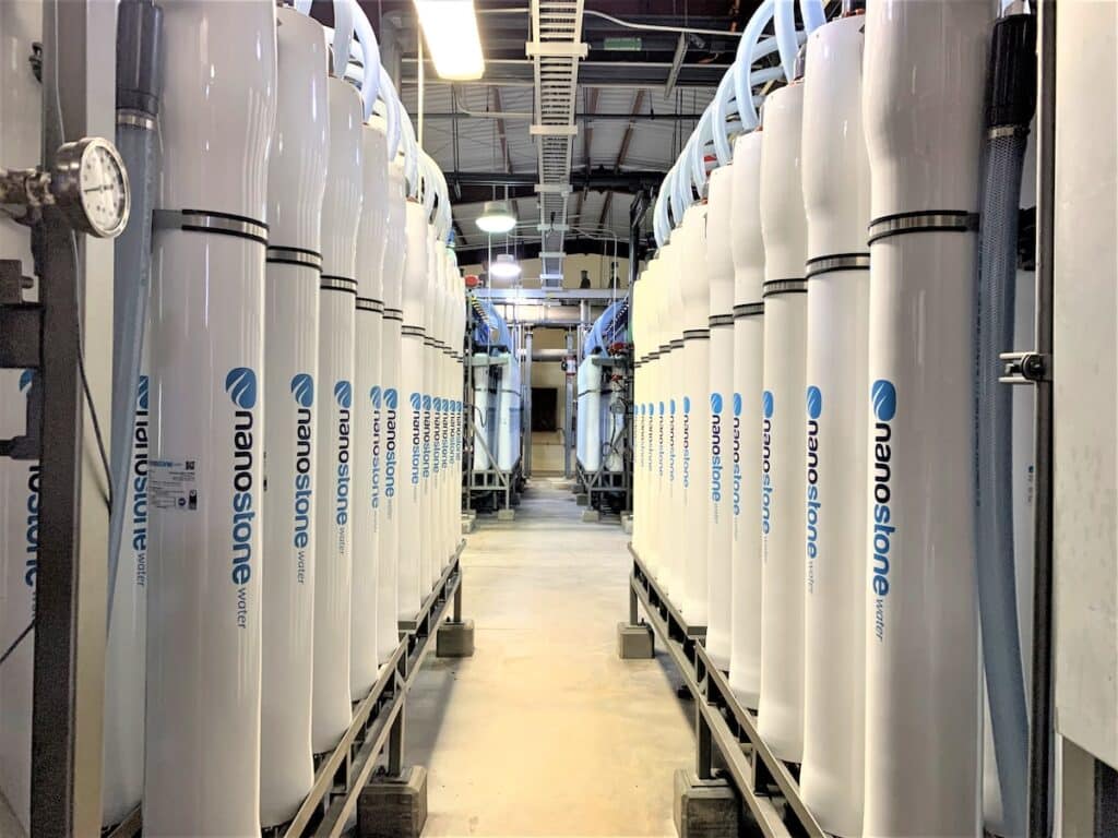 Nanostone ceramic ultrafiltration modules installed inside a water treatment facility.