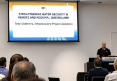 Toby Chalmers presenting on remote water security in Queensland at Ozwater.