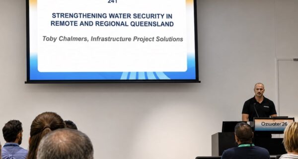 Toby Chalmers presenting on remote water security in Queensland at Ozwater.