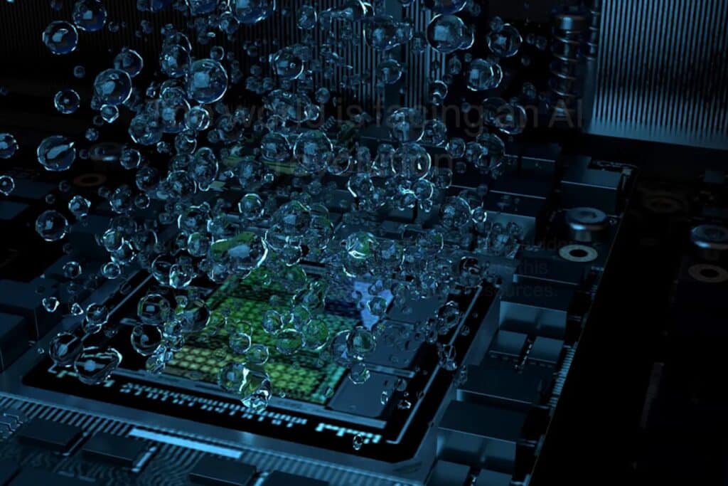 Computer chip submerged in liquid with bubbles rising from the surface during data centre cooling.